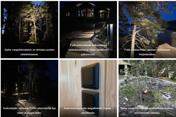 Kesamokki-saaressa-kuvakimara-LedStorefi_ - LedStore Kollaasissa on kuusi kuvaa, jotka esittelevät LedStore.fi:n LED-valaistuksen loistokkuutta ulkotiloissa. Kuvissa näkyy valaistuja puita, polkuja, puinen terassi ja seinälle asennettuja valokatkaisijoita. LED-valaistus luo erilaisia tehosteita korostaen luonnon kauneutta ja polkujen kulkua metsäisellä alueella.