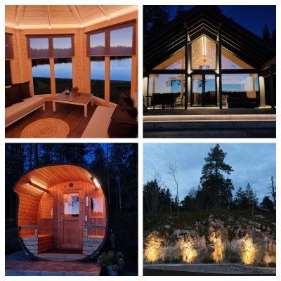 Kuvakollaasi-Pihapiirimessut-tiedote - LedStore Neljän kuvan kokoelma: tunnelmallinen huone, jossa on suuret ikkunat ja mukavat istuimet, moderni mökki valaistuna LED-valoilla yöllä, rustiikkinen pyöreä puusauna ja ulkona sijaitseva kivipuutarha iltahämärässä valaistujen puiden loisteessa.