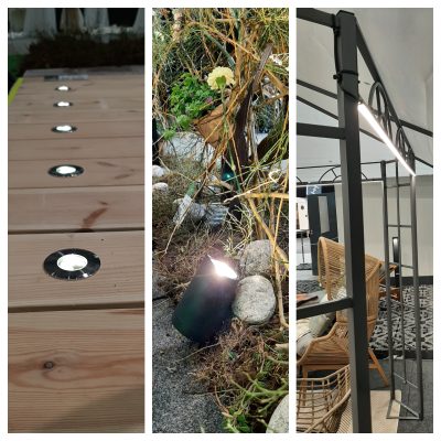 Pihapiirikollaasi - LedStore Triptyykki-kuvasarja verkkokaupalle LedStore.fi: 1) LED-kansivalot upotettuna puisiin lautoihin. 2) Puutarhakohdevalo, joka valaisee kasveja ja kiviä. 3) Moderni, mustakehyksinen pergola, jonka ylle on ripustettu valopalkki rottinkituolien ja kuvioitujen mattojen yläpuolella.