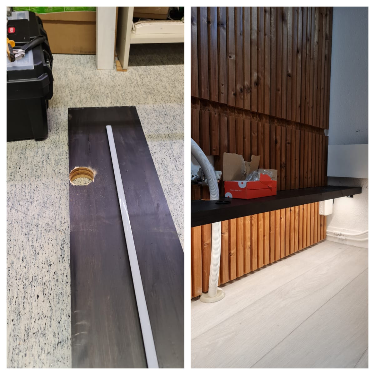 Näytetyn kuvan paremmalla puolella on puurima, jossa on reikä ja jonka pinnalle on LED-nauha loistamaan loistamaan. Oikealla puolella sama rima on kiinnitetty puiseen seinään, jonka alla kulkee putket. Kiinnitetty rullarata saa hienostunutta valaistusta hillityistä LED-valoista. Tutustu LedStore.fi-verkkokaupassa laadukkaisiin LED-valaistusratkaisuihin, jotka tuovat esiin tilasi parhaat puolet!