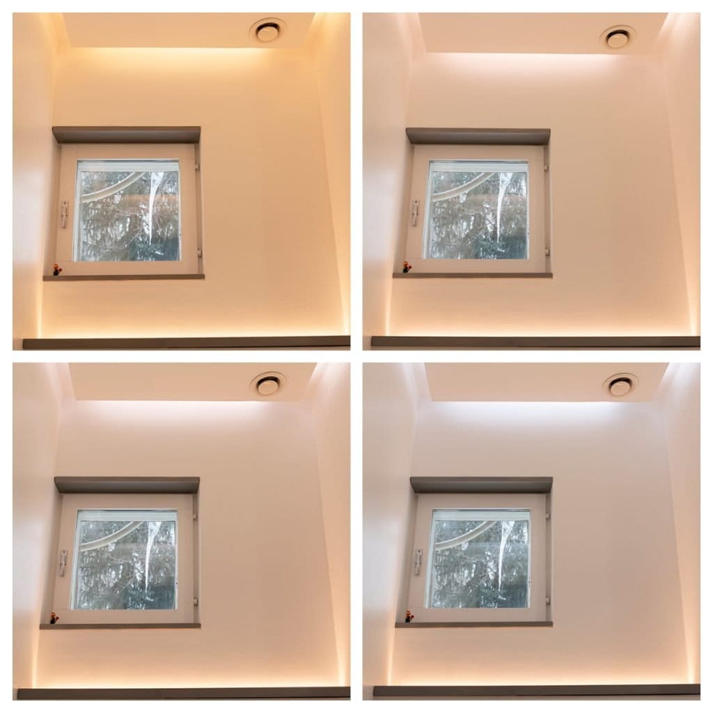 1. "Huone, jossa on LED-valaistus seinissä ja katossa" 2. "Kotoisa tunnelma pehmeällä, lämpimällä LED-valaistuksella" 3. "Luonnollinen valo ikkunan läpi tehostaen LED-hohtoa" 4. "LED-valaistu huone, jossa on lempeä, tunnelmallinen valaistus