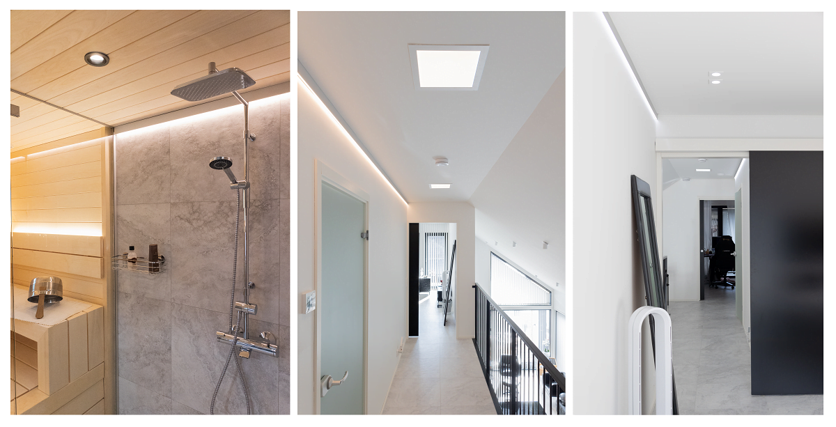 Yleisvalaistus, epäsuora valo katossa led-nauhaprofiililla, led-paneeleilla ja led-spoteilla