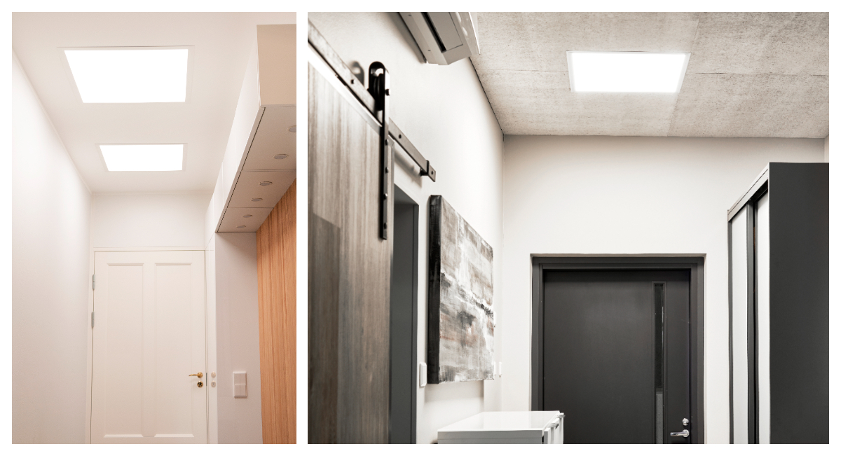 Die LED-Leuchten sind mit leuchtenden LED-Leuchten versehen. Vasemmalla käytävällä auf valkoiset seinät ja valkoinen ovi, n taas oikealla puolella käytävässä on harmaat ovet, liukuovi seka katto katto. - LedStore Kahdessa eteisessä PANEELI 600 asennettuna kattoon. Molemmissa erinomainen valoteho.