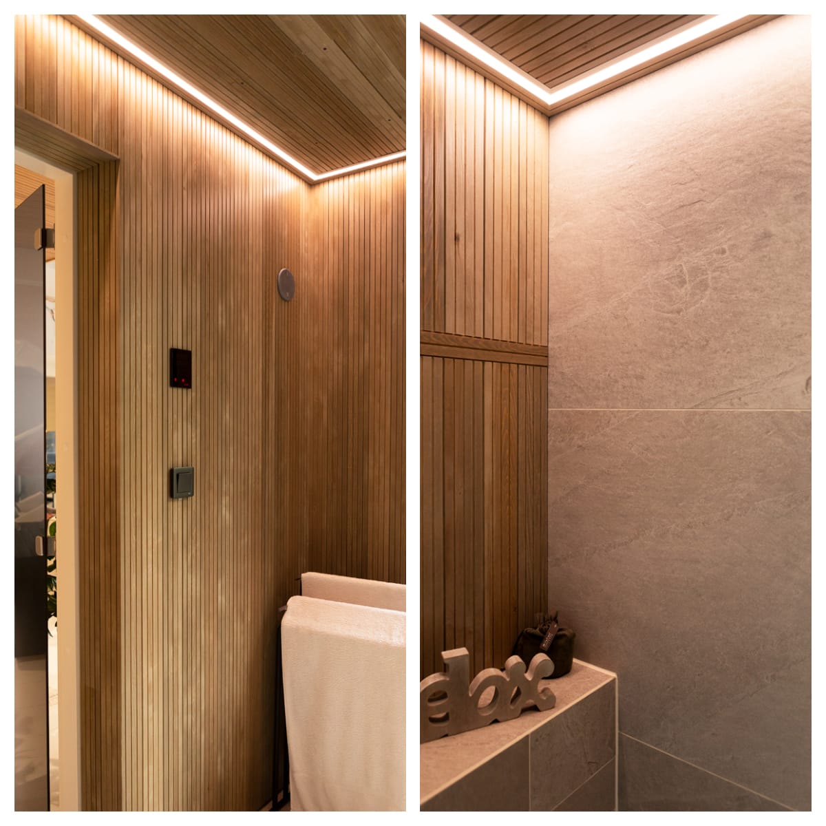 Kollaasi pukeutumishuoneen seinä ja wc-kulma - LedStore