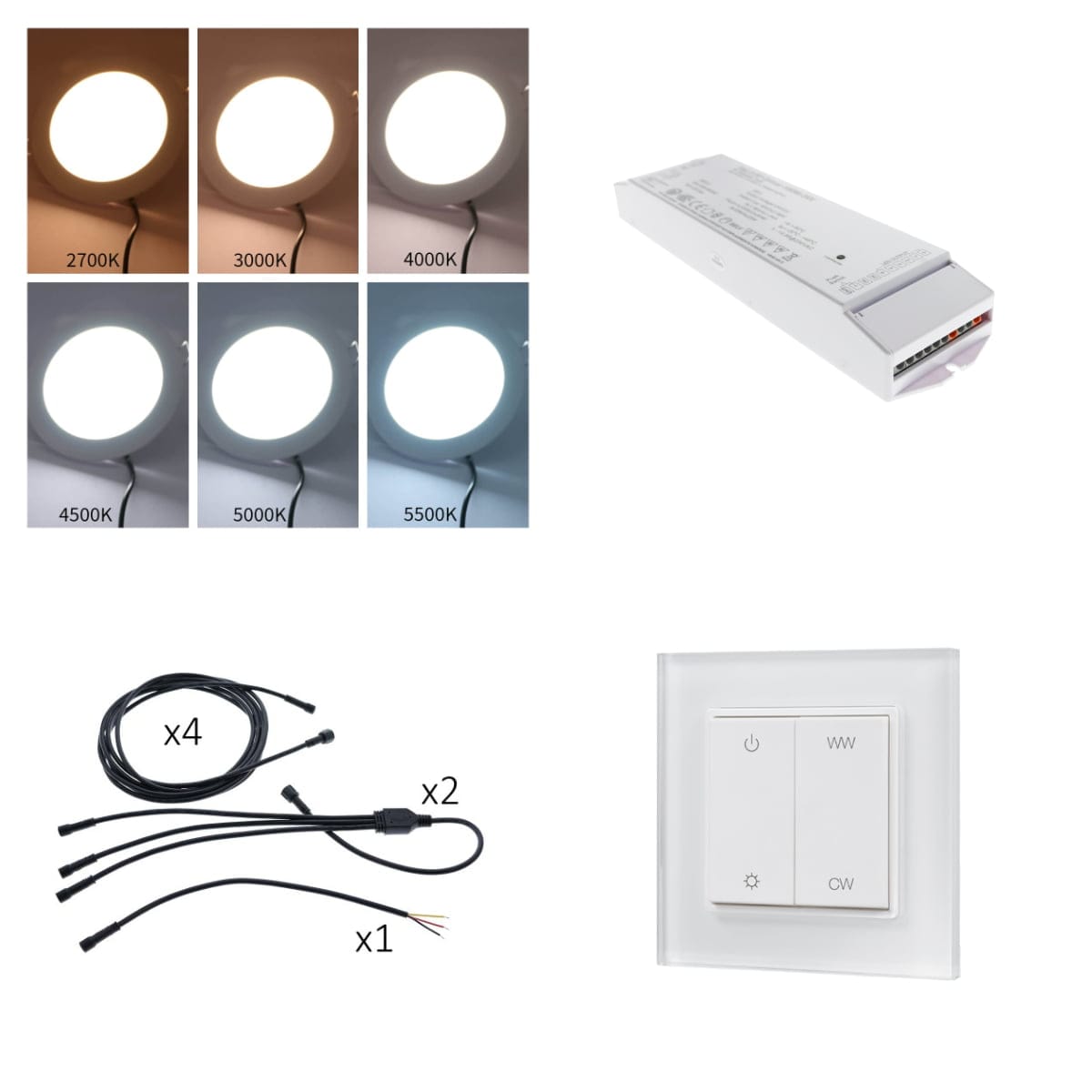 Figure 2 Collage of wireless control components - LedStore Langattoman ohjauksen valaisimet, johtosarja, muuntaja ja langaton ohjainpainike