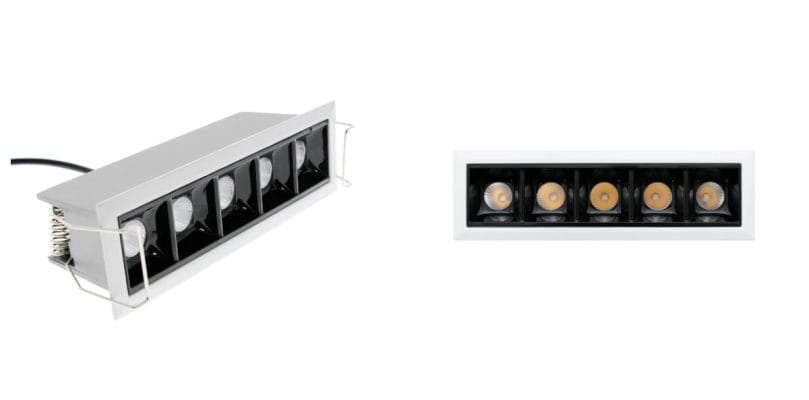- LedStore Suorakaiteen muotoinen LED-valaisin sivulta ja ylhäältä katsottuna; kallistettu kulma näyttää asennustelineen, ylhäältä katsottuna viisi pyöreää LEDiä mustavalkoisessa kotelossa.