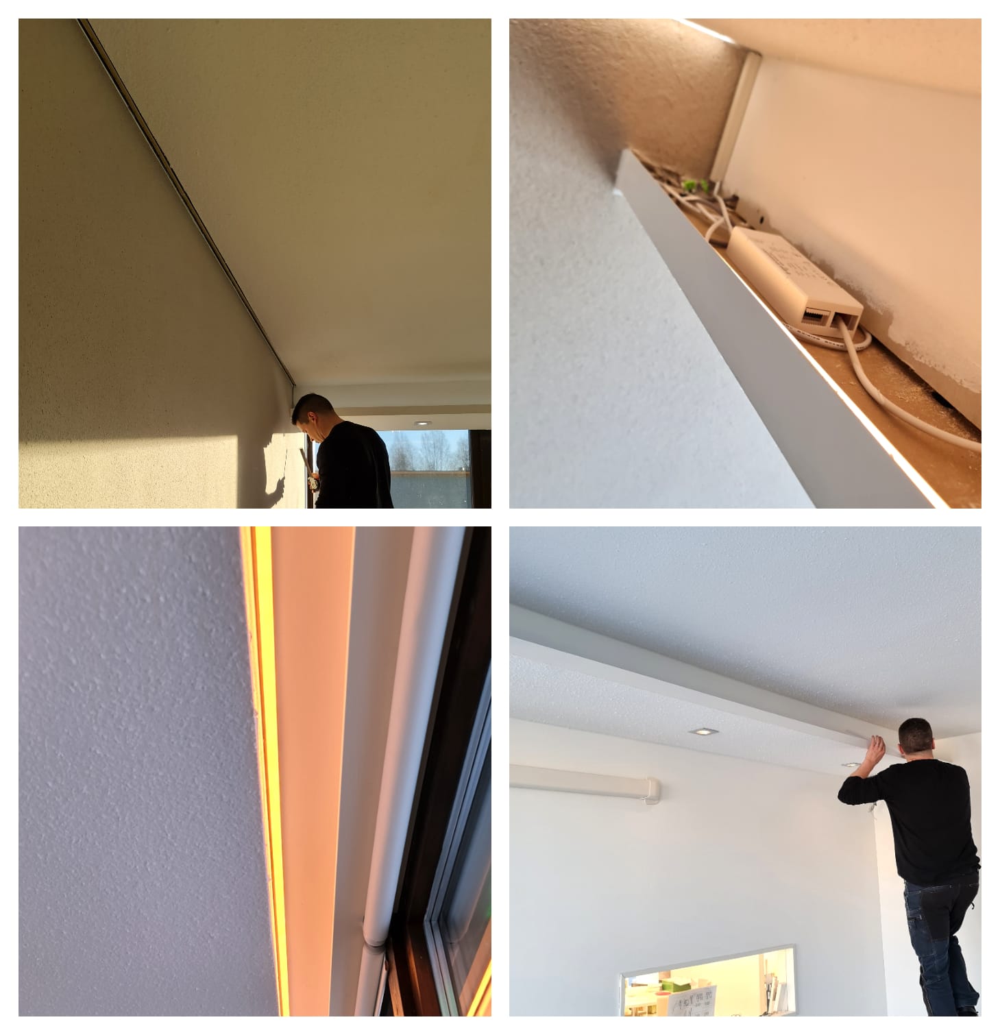 Tekemisen meininkiä valaisinasennukset kollaasi - LedStore Kokoelma neljästä kuvasta esittelee asentamassa LED-nauhoja hieno katon rajaan. Pääpaino on tarkalla asettelulla uritettu kohtiin, korostaen huoneen reunoja samalla kun asentaja seisoo jakkaralla ulottuakseen paremmin.