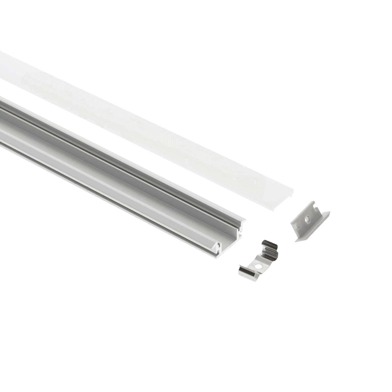 Alumiininen LED-valonauhakanava himmeällä diffuusorilla ja kiinnitysklipsillä, suunniteltu optimaaliseen LED-suojaukseen ja tehostettuun valonhajauttamiseen.