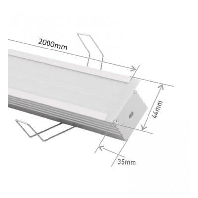 Alumiininen LED-profiilivalaisinkaavio; mitat: 2000mm (P) x 35mm (L) x 44mm (K), kahdella vaijeriripustimella helppoa asennusta varten.