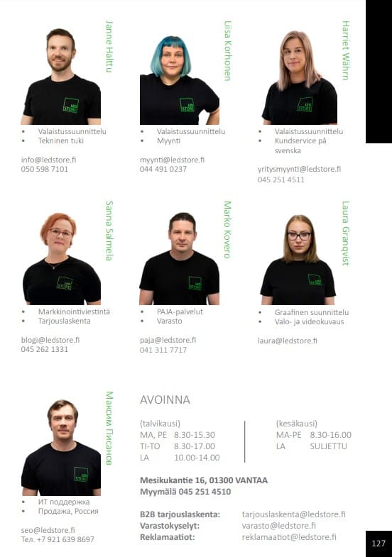 Kuva, jossa on ensimmäinen, kaikilla on musta paita ja vihreä LED-logo. Heidän vieressään niistä nimensä, tehtävänsä ja yhteystietonsa. Kuvan alareunassa on yrityksen osoite, aukioloajat ja lisätiedot suomeksi.