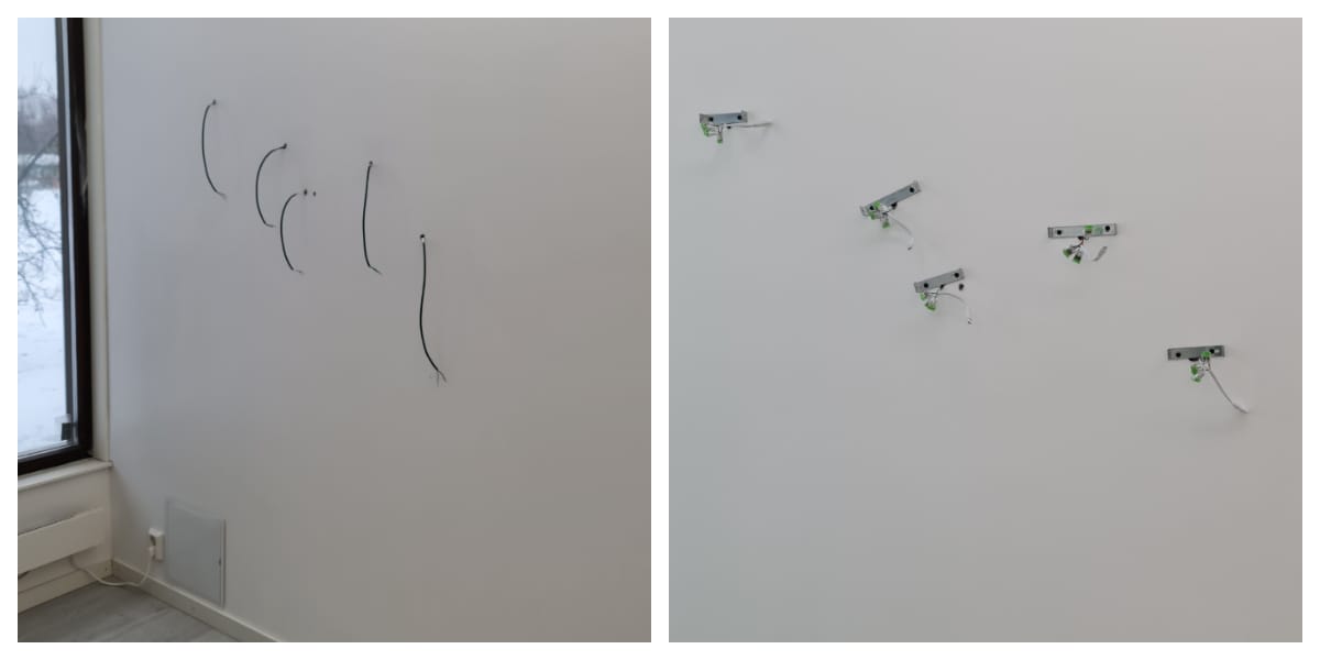 Diptyykki esittelemässä minimalistisia taideteoksia valkoisilla seinillä. Vasemmassa paneelissa mustat johdot kiemurtelevat linjana seinältä, kun taas oikea paneelissa metallikiinnikkeet ja vihreät sekä valkoiset LED-johdot luovat teknologista eleganssia ja arvoa.