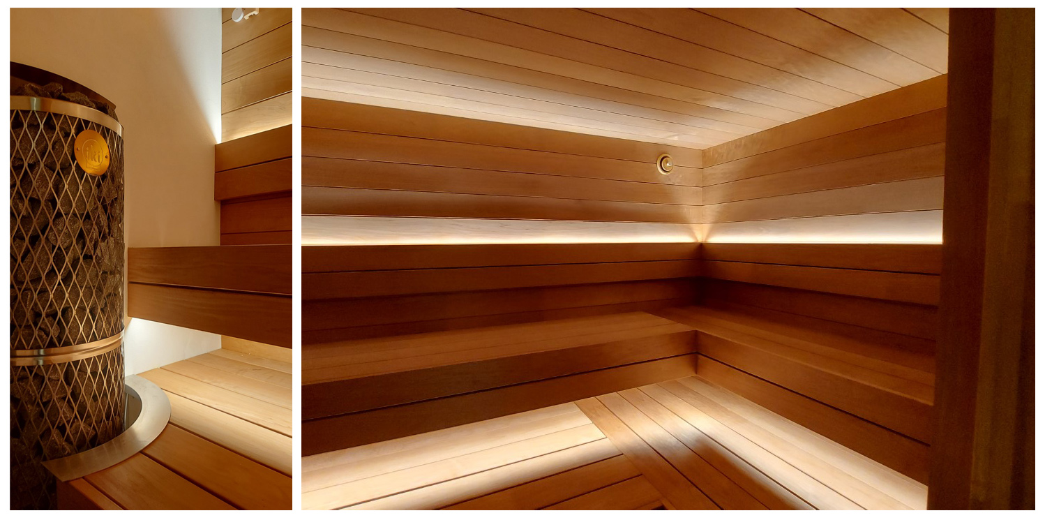 Sauna-LED-Beleuchtungsstreifen unter der Decke und an der Oberseite der Rückenlehne. Foto.