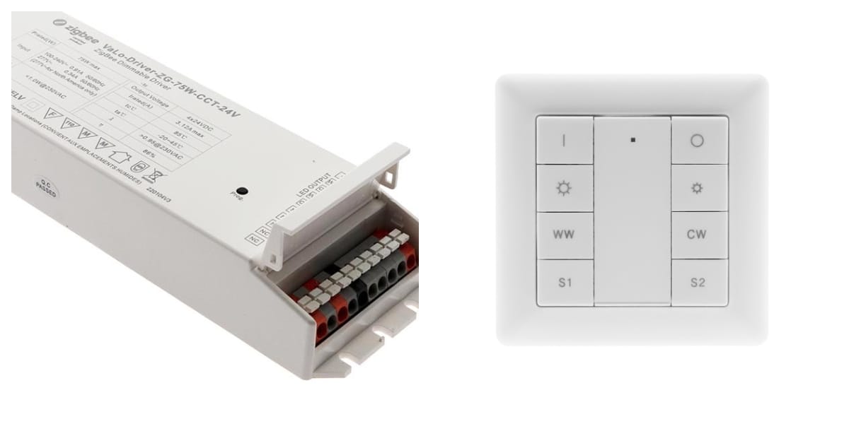 LedStore.fi -verkkokaupassa saatavilla valkoisen sähkölaitteen vasemmassa reunassa on useita liitäntöjä, ja oikean reunassa sijaitsee LED-valaistu valkoinen neliönmuotoinen ohjauspaneeli, jossa on useita painikkeita. Paneelin painikkeet on merkitty kuvalla symboleilla ja tekstiillä, jotka kuvaavat osoittavat toimintoja.