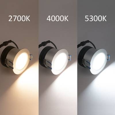 Drei Deckenleuchten mit Farbtemperaturen von 2700K (warm), 4000K (neutral) und 5300K (kühl) werden ausgestellt, um verschiedene LED-Beleuchtungsoptionen hervorzuheben.