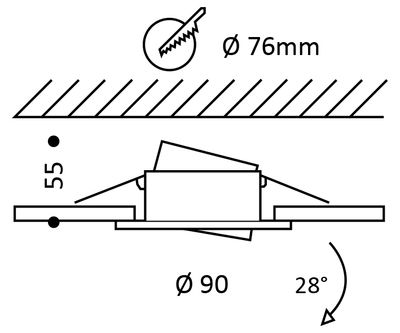 Schema der Einbauleuchte: 76 mm Öffnung, 55 mm Tiefe und 28° verstellbarer Winkel. Perfekt für präzise LED-Beleuchtungsinstallationen.