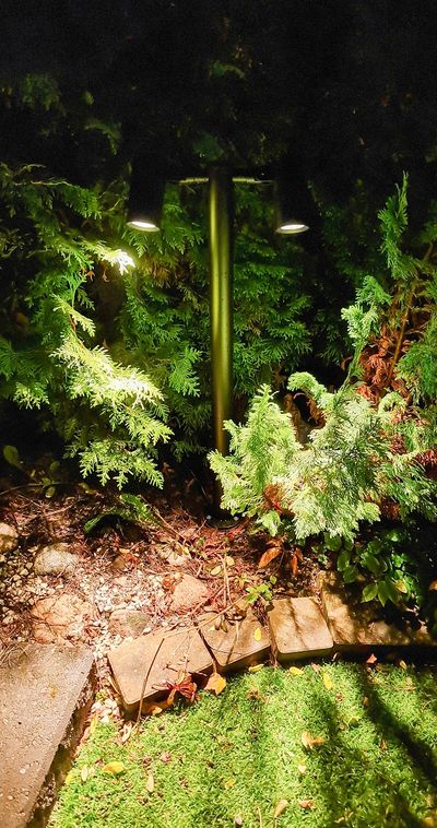 Säule TILT 2 beleuchtet in einem Blumenbeet in der Abenddämmerung.