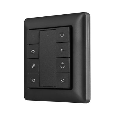 Schwarze quadratische Lichtschaltertafel mit Tasten für Strom, Helligkeit, S1 und S2 auf weißem Hintergrund - perfekt für LED-Beleuchtungssteuerungsanlagen.