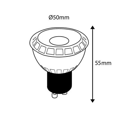 Abbildung der LED-Lampe: Durchmesser 50 mm, Höhe 60 mm, Sockel GU10. Energieeffiziente LED-Beleuchtung für Heim- und Geschäftsbeleuchtung.