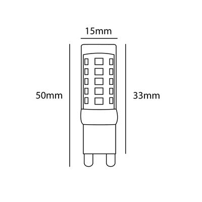 Strichzeichnung einer LED-Glühbirne, Höhe 50 mm, Breite 15 mm, Länge 33 mm, mit rechteckigem Gittermuster für LED-Beleuchtungsgeschäfte.