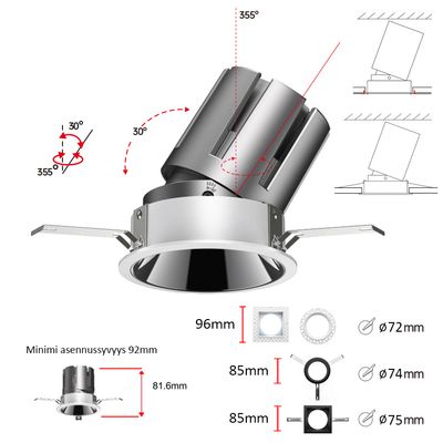 Verstellbares Einbau-Downlight mit Neigungs- und Schwenkwinkel, mm-Maßen und Montageanleitung.