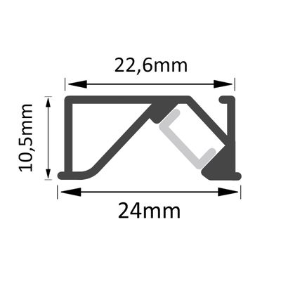Technische Zeichnung: Querschnitt eines LED-Profils mit den Maßen - Breite 24 mm, Höhe 10,5 mm, innere Breite 22,6 mm - für eine präzise Beleuchtungsinstallation.