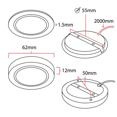 Schema einer runden LED-Einbauleuchte: Durchmesser 62 mm, Dicke 1,5 mm, Höhe 12 mm, Innenteil 50 mm, 2000 mm Kabel.
