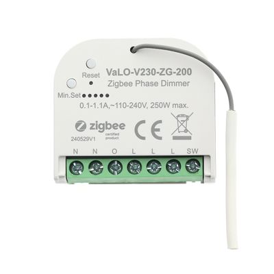 Zigbee-zertifizierter Phasendimmer VaLO-V230-ZG-200, kleines weißes Design, graue Reset-Taste und mehrere Schnittstellen für die Steuerung von LED-Beleuchtung.