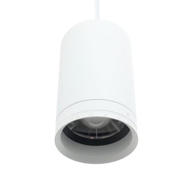 Weiße, zylindrische LED-Leuchte mit Draht, belüfteter Oberseite und Drehknopf an der Unterseite zur Einstellung der Helligkeit.