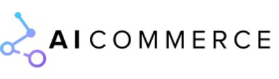 AI Commerce-Logo: stilisiertes Web-Symbol in blauer/violetter Schiebefarbe links, schwarzer "AICOMMERCE"-Text rechts.