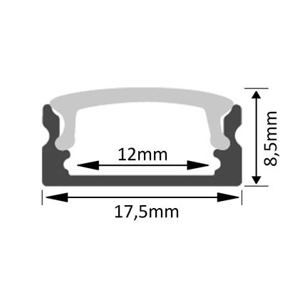 Querschnittszeichnung einer Dichtung mit den Abmessungen: 17,5 mm Breite, 8,5 mm Höhe und 12 mm Innenspalt - ideal für LED-Beleuchtungsanlagen.
