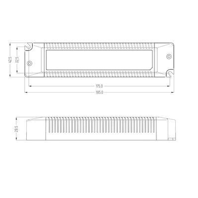 Technische Zeichnung einer LED-Wandleuchte, rechteckig und mit markierten Abmessungen, einschließlich Vorder- und Seitenansicht. Ideal für moderne Beleuchtungslösungen.