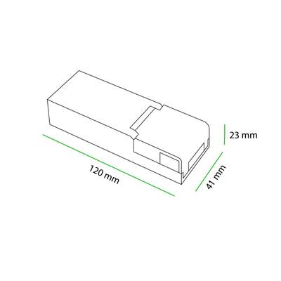 3D-Skizze einer rechteckigen LED-Leuchte, 120 mm x 41 mm x 23 mm, ideal für die Beleuchtung von Geschäften und kompakten Räumen.