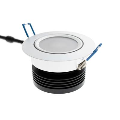Kreisförmiges LED-Downlight mit Verkabelung und grünem LED-Treiber auf weißem Hintergrund für energieeffiziente Beleuchtungslösungen.