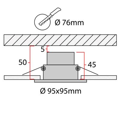 Technische Zeichnung einer quadratischen LED-Einbauleuchte: Durchmesser 95 mm, Tiefe 55 mm und Öffnungsgröße 78 mm.