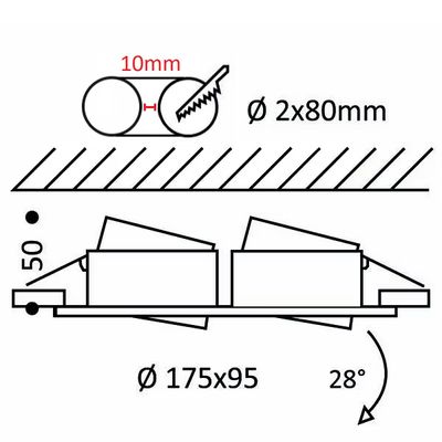 Technisches Diagramm der LED-Beleuchtungskomponenten: zylindrische Teile, Abmessungen (10mm, Durchmesser 2x80mm, 175x95) und 28° Neigung mit Abmessungen.