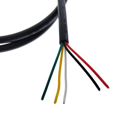 Bunte Drahtspule in Großaufnahme: blau, weiß, rot, grün und schwarz auf weißem Hintergrund. Ideal für LED-Beleuchtungslösungen und -Installationen.