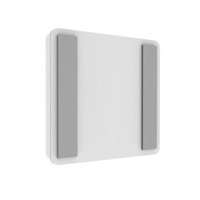 Flache quadratische weiße LED-Panelleuchte mit zwei vertikalen grauen Akzenten an den Seiten auf einem minimalistischen weißen Hintergrund. Perfekt für moderne Beleuchtungslösungen.