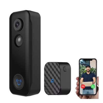 Intelligentes Türklingel- und Sicherheitskamera-Kit mit Tuya-Logo; enthält eine Uhr und ein Smartphone, das einen Videoanruf für die Paketlieferung anzeigt.
