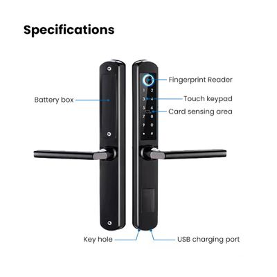 Intelligentes Türschloss mit Fingerabdruckleser, Touch-Tastatur, Kartenleser, USB-Ladeanschluss, Batteriefach und Schlüsselloch.