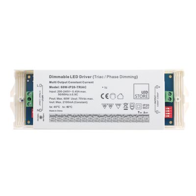 Weißer dimmbarer LED-Controller von "LED Store" mit Spannungsangabe und Anschlüssen an beiden Enden, ideal für effiziente Beleuchtungslösungen.