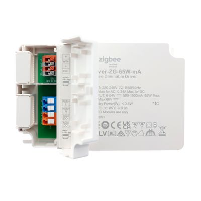 Zigbee-zertifizierter intelligenter dimmbarer Controller mit Informationen auf der Vorderseite und sichtbaren internen Anschlüssen, ideal für LED-Beleuchtungssysteme und Smart-Home-Einrichtungen.