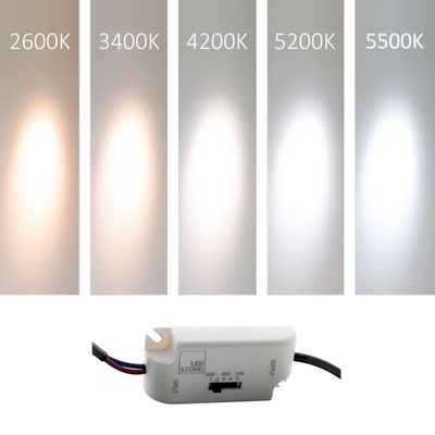 LED-Lichtpaneele mit verschiedenen Farbtemperaturen, unterhalb des Schalters.