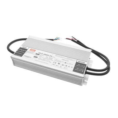 Rechteckiges LED-Steuergerät HLG-480H-24 mit Eingangs-/Ausgangsleitungen im Metallgehäuse für energieeffiziente Beleuchtungslösungen.