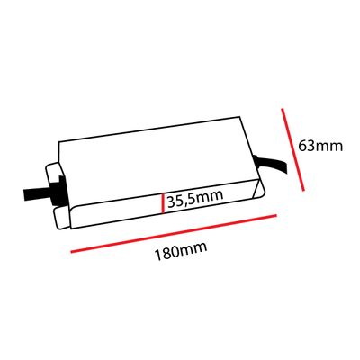 Diagramm der LED-Beleuchtung: Länge 180 mm, Breite 63 mm, Höhe 35,5 mm, zwei Kabel an jedem Ende für den Anschluss.