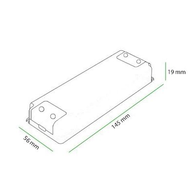 Technisches Diagramm zur Veranschaulichung eines rechteckigen LED-Bauteils mit den Abmessungen 145 mm Länge, 56 mm Breite und 19 mm Höhe für genaue Messungen.