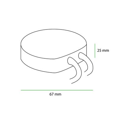 Strichzeichnung eines zylindrischen LED-Controllers, Durchmesser 67 mm, Höhe 25 mm, mit zwei seitlichen Drähten. Ideal für LED-Beleuchtungsanlagen.