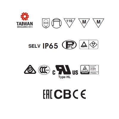 Die Logos der elektrischen Zertifikate Taiwan Excellence 2011, IP65, CE, EAC und viele mehr auf weißem Hintergrund. Ideal für LED-Beleuchtung SEO.