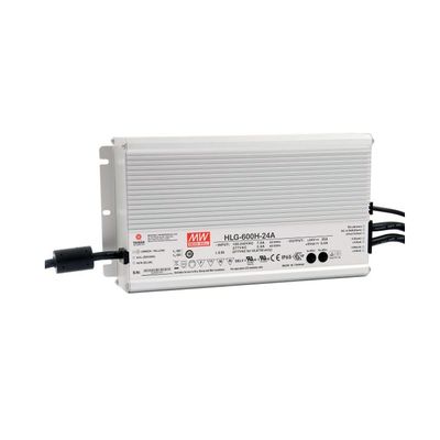 Mean Well HLG-600H-24A rechteckiges Netzgerät, geripptes Gehäuse zur Wärmeableitung, mehrere Anschlüsse; ideal für LED-Beleuchtungssysteme.