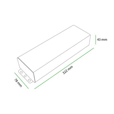 Strichzeichnung eines rechteckigen LED-Leuchtkastens mit den Maßen 322 mm (Länge) x 78 mm (Breite) x 43 mm (Höhe), ideal für kompakte Beleuchtungslösungen.