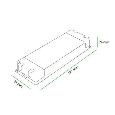 3D-Skizze eines rechteckigen LED-Bauteils, Abmessungen: Breite 61 mm, Länge 177 mm, Höhe 24 mm für energieeffiziente Beleuchtungslösungen.